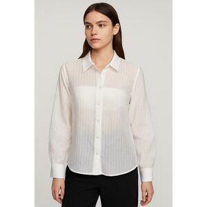 Zara‎ Woman's White Striped Button-Up Blouse Top Long Sleeve Small S